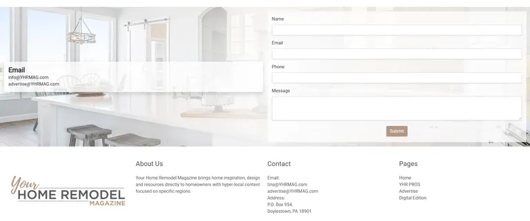Original website contact form and footer over a pale kitchen photograph.