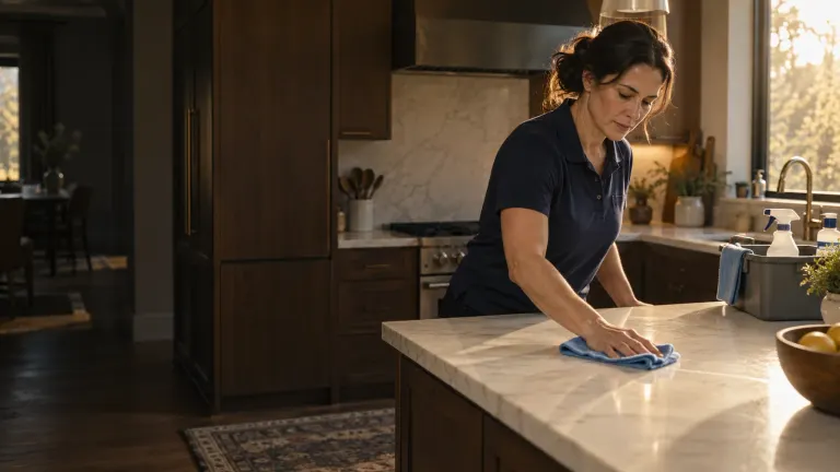 A home-cleaning professional finishing a kitchen countertop.