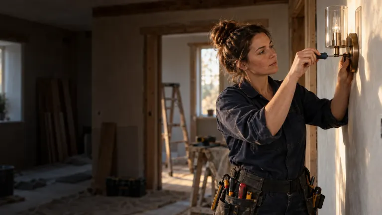 An electrician carefully installing a wall light in a home.