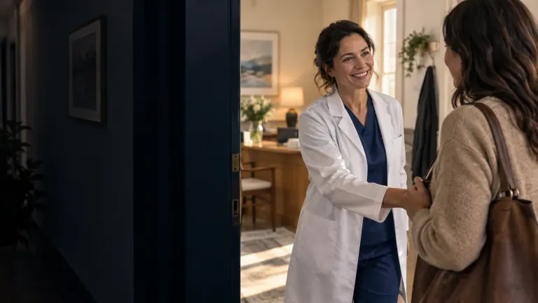 A neighborhood doctor welcoming a patient at her office.