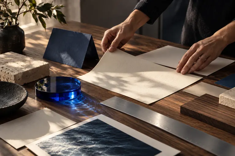 Hands arranging unprinted paper and cobalt materials on a walnut desk.