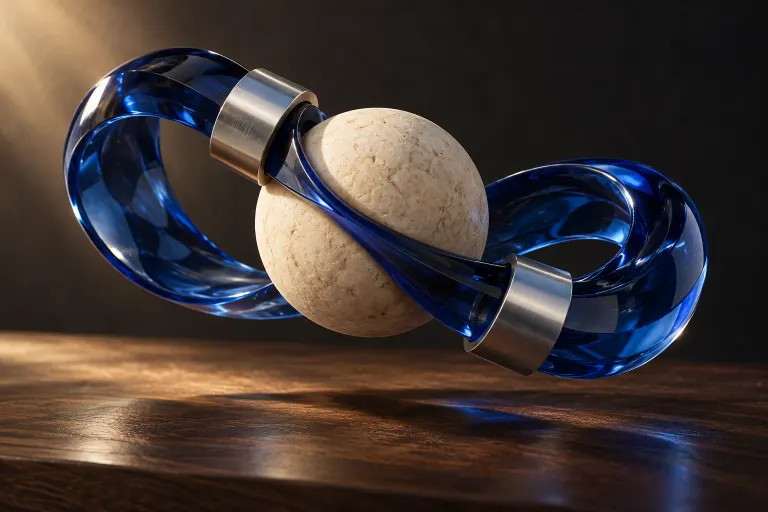 A cobalt glass loop surrounding a limestone sphere.