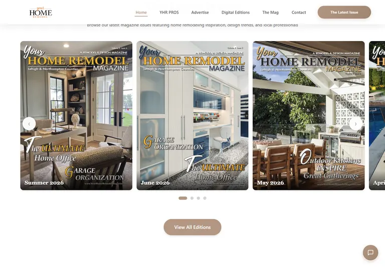 The YHR magazine carousel displaying multiple issues with Read Online controls.