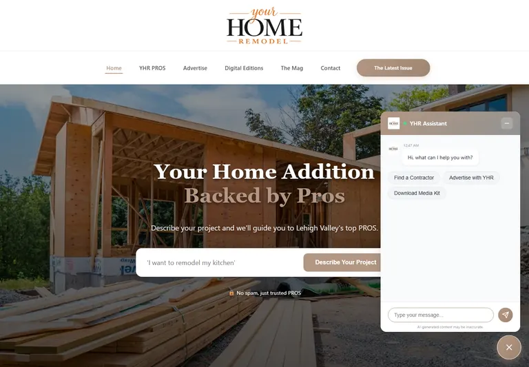 The custom YHR Assistant open on the homepage, with its chat input and business identity.