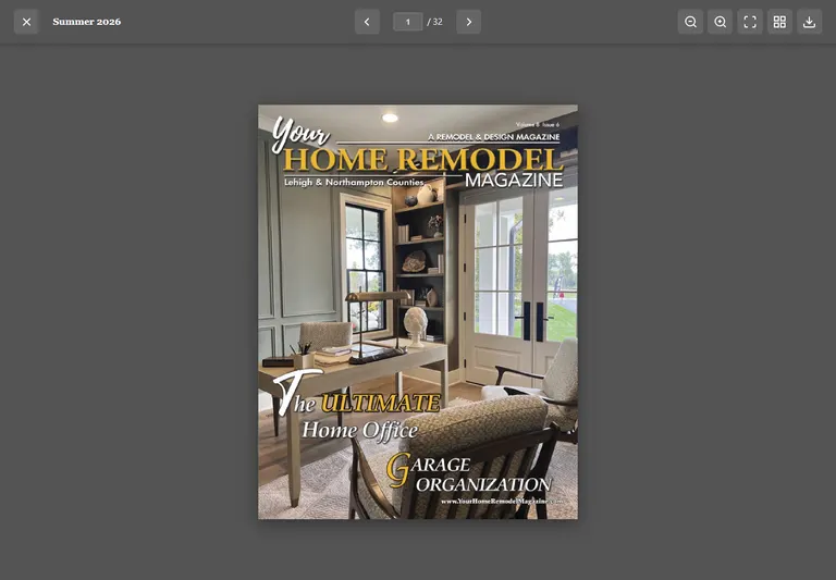 The custom magazine reader showing the Summer 2026 edition with page navigation, zoom, fullscreen, thumbnails, and download controls.