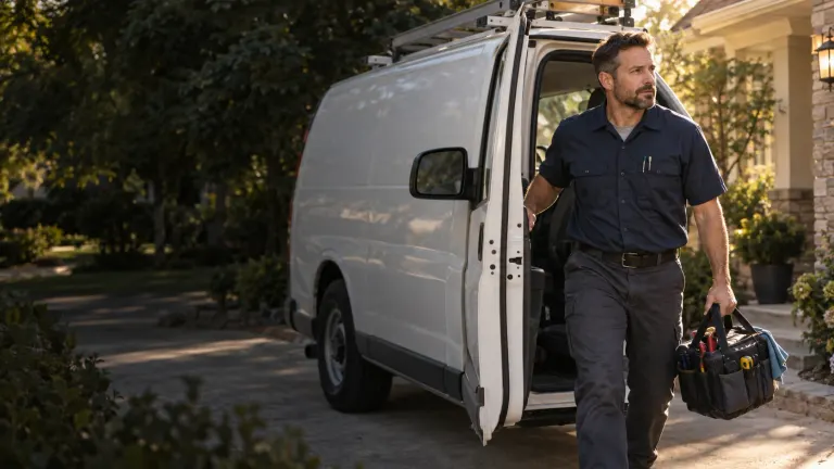 An HVAC contractor stepping out of a service van with his tool bag.