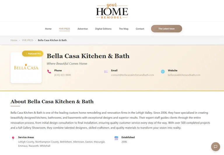 Bella Casa Kitchen and Bath’s individual YHR profile with business information, contact links, and service areas.