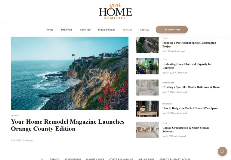 The YHR digital magazine article library with remodeling articles, categories, and publication dates.