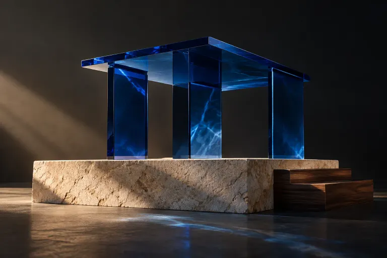 Cobalt glass architecture on a limestone foundation.