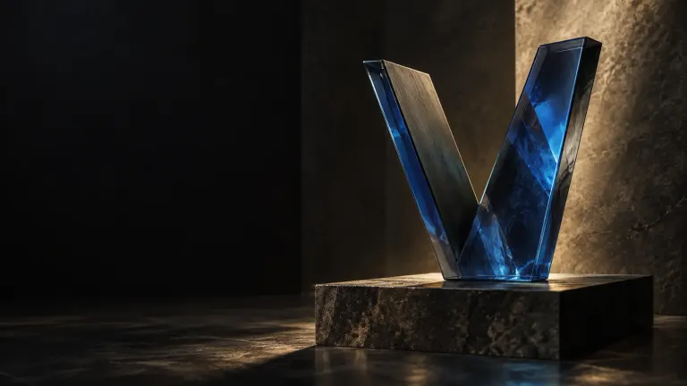 Blue glass V sculpture on a dark stone plinth.