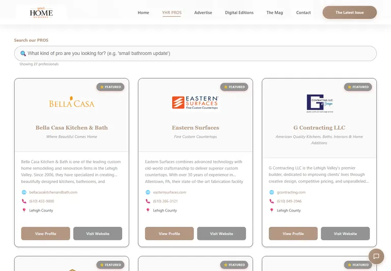The advertiser directory with its natural-language search field and professional listings.