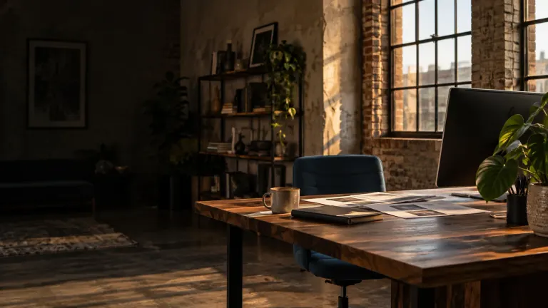 Warm light across a creative workspace with a walnut desk and blue chair.